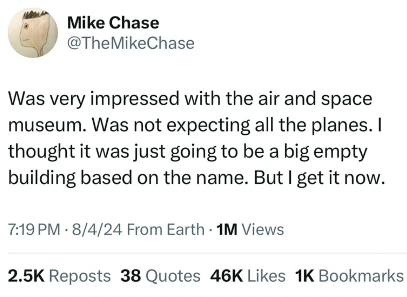 circle - Mike Chase Was very impressed with the air and space museum. Was not expecting all the planes. I thought it was just going to be a big empty building based on the name. But I get it now. 8424 From Earth 1M Views Reposts 38 Quotes 46K 1K Bookmarks